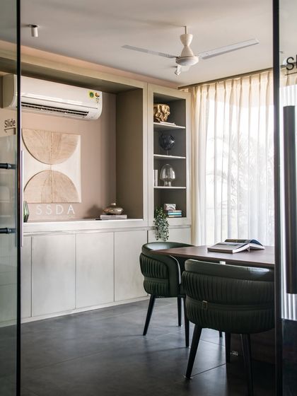 A view into our conference room from the hallway. The design gives clients a glimpse into the kind of thoughtful, detailed spaces we create.