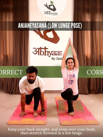 Here we compare the incorrect and correct alignment for Anjaneyasana (Low Lunge). Keeping the back straight and arms lifted correctly deepens the stretch in the hips and protects the lower back.
