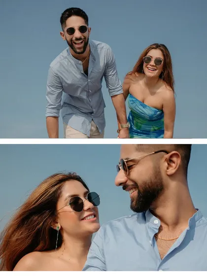 A diptych of a couple enjoying a bright, sunny day on the beach in Goa. These portraits showcase their happy and relaxed connection.
