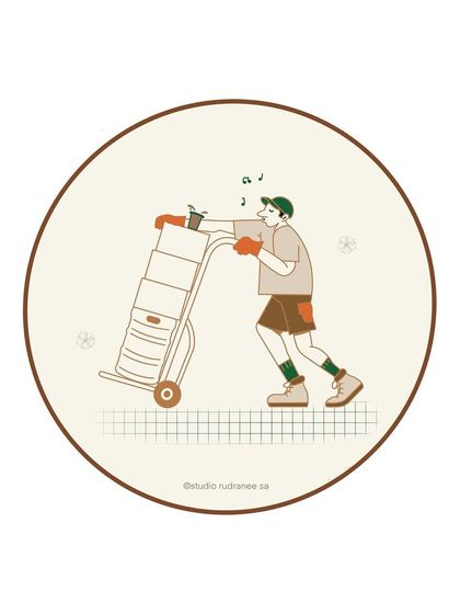 A playful illustration showing the hard work that goes on behind the scenes at a coffee shop. Even the daily grind of moving supplies is shown as a moment of lighthearted activity.