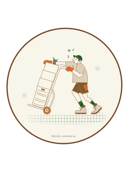 Part of the coffee illustration series, this character hums a tune while handling deliveries. It's about finding joy in the everyday hustle, powered by coffee.