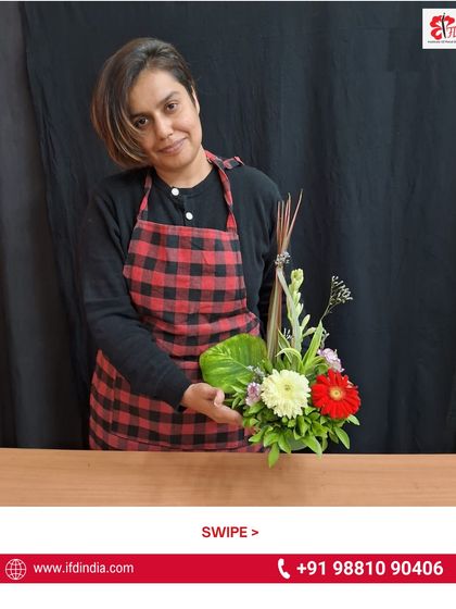 Our Pune batch kicks off their 9-month certificate course. This student's first arrangement shows a wonderful use of gerberas and foliage, demonstrating the core principles taught on day one.