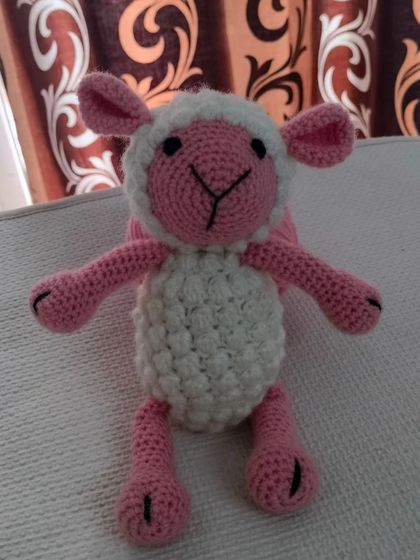 A super cute sheep toy in pink and white. The bobble stitch I use for the body gives it a wonderfully fluffy texture.