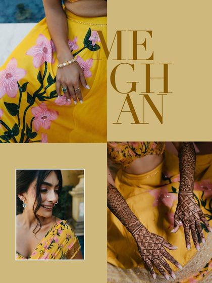 A collage celebrating the bride's Mehendi. Close-ups of her intricate henna, her smiling face, and the floral details of her lehenga tell the story of this special pre-wedding ritual.