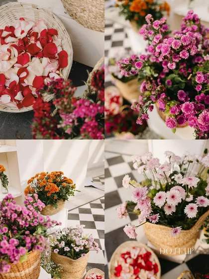 A collection of close-up shots from the Jaipur Haldi. It highlights the baskets of fresh flower petals for showering the couple and the various colorful blooms used throughout the decor.