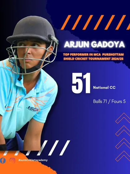 This graphic celebrates Arjun Gadoya's fighting knock of 51 in the Purshottam Shield tournament. He showed immense grit, batting with an injured finger to help his team recover from a difficult position. This is the warrior spirit I instill in my players.