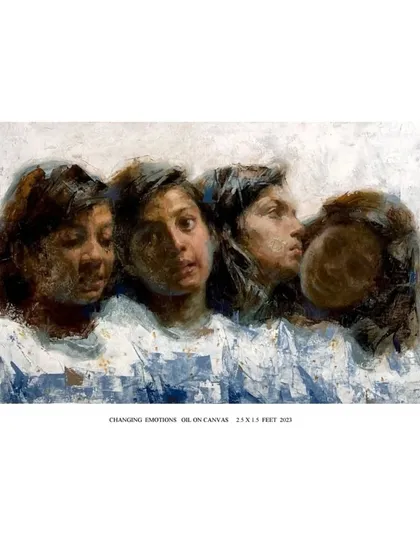 This panoramic oil painting, "Changing Emotions," captures a sequence of expressions on a young girl's face. It is a study of the fluid and complex inner world of a child.