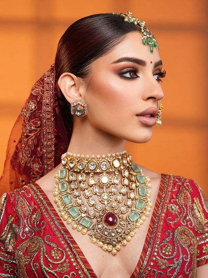 The side profile of this regal look shows the perfect harmony between makeup and accessories.