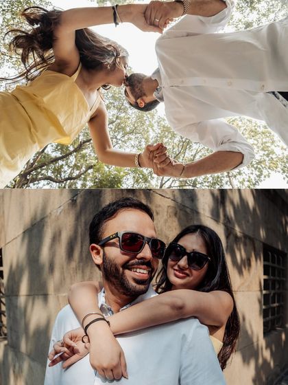 A fun, low-angle shot of the couple about to kiss, and a stylish portrait with sunglasses. This combination shows both their playful and cool sides.