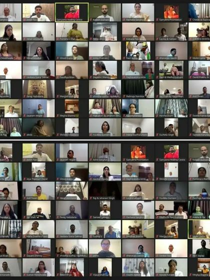 A wide view of over 60 participants in our online Pancha Bhuta Shuddhikaran Kriya. This demonstrates the scale of our virtual events and our ability to hold a powerful, collective spiritual space for a large group of seekers.