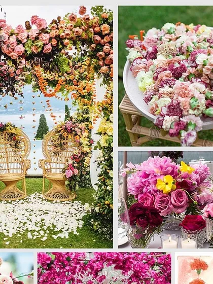 A mood board for a vibrant, multi-color floral theme, perfect for a spring or summer wedding.