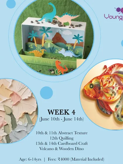 Our final week was a blast with abstract textures, the intricate art of quilling, and building cardboard craft volcanoes and dinosaurs. It was a week of pure imagination.