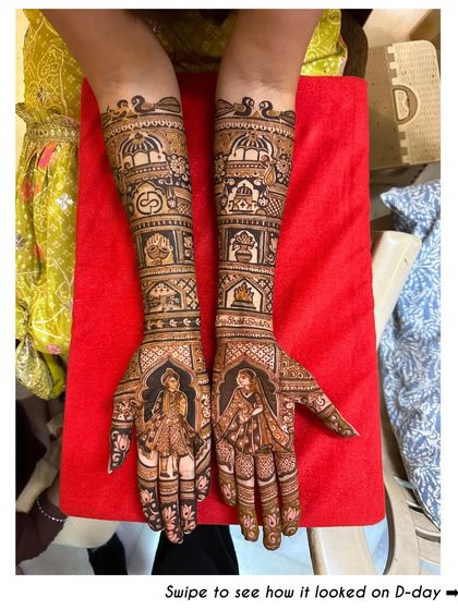 A stunning full-bridal mehendi featuring portraits of the bride and groom on separate hands, ready to come together. The arms are decorated with traditional wedding scenes.