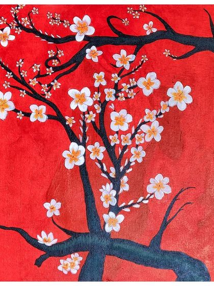 A vibrant acrylic painting of a cherry blossom tree against a bold red background. This piece is about blooming with hope wherever you are planted.