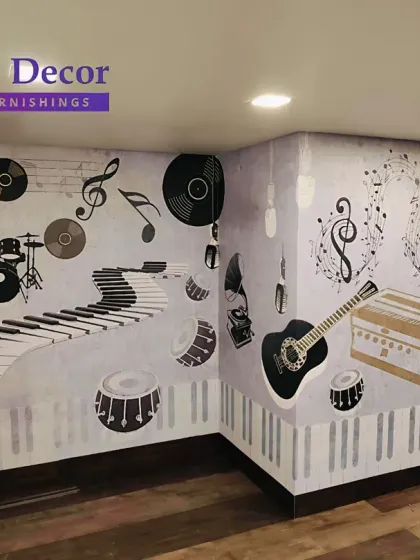 For the true music aficionado, we created this fully custom music-themed wallpaper. The design wraps around the corner of the room, featuring a dynamic composition of instruments, vinyl records, and musical notes to create an immersive, creative atmosphere.