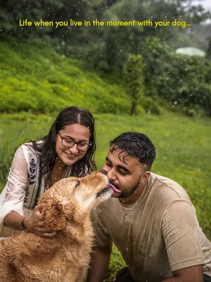 Embracing the unexpected is my motto. When it started pouring during Mango’s shoot, we didn’t run inside. We played in the rain, resulting in this moment of pure, spontaneous joy and a sloppy kiss.