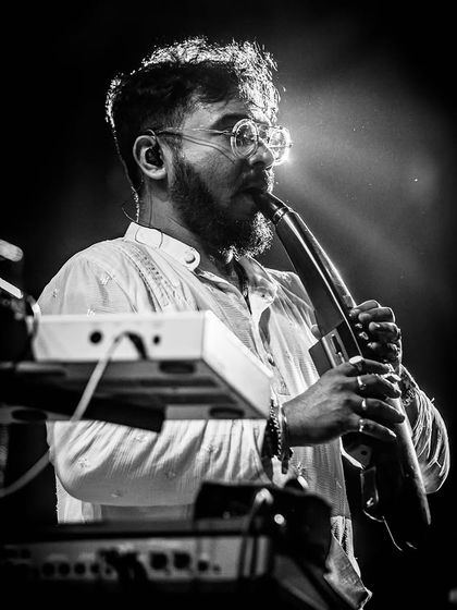 A beautiful black and white shot of our keyboardist and wind instrument player.