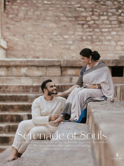 A serene portrait of a couple on temple steps, titled "Serenade of Souls."