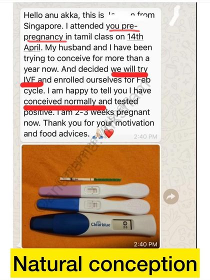 This student from Singapore was about to start IVF but conceived naturally after attending my Tamil pre-pregnancy class.