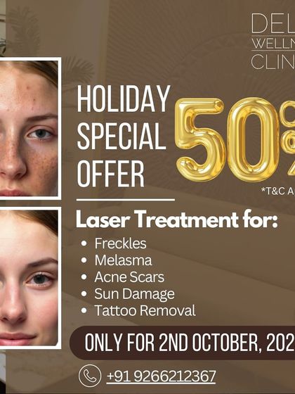A holiday special offer of 50% off on our advanced laser treatments for freckles, melasma, acne scars, and tattoo removal.