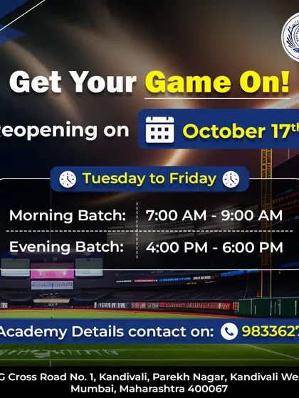 Your journey in cricket starts here. Our academy is open with morning and evening batches designed for dedicated players. We provide year-round professional cricket coaching at our Kandivali facility to help you achieve your goals.
