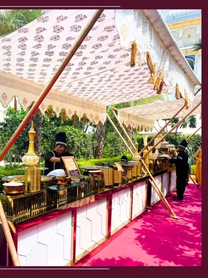 A beautiful chaat station setup for a destination wedding. The traditional Indian tent and decor complement our offering, creating a cohesive and festive atmosphere for your guests.