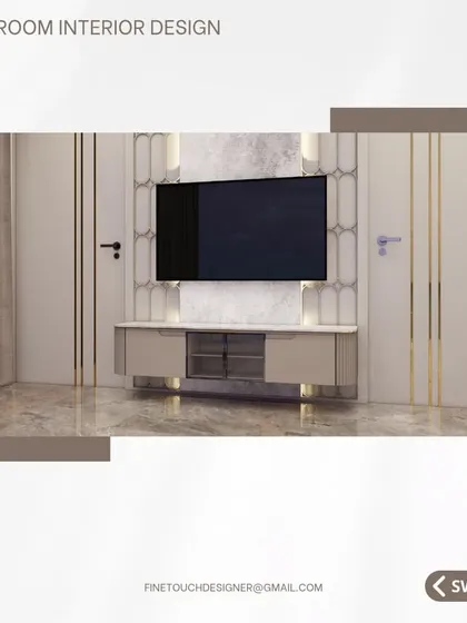 The television unit in this bedroom is designed with clean lines and a marble-patterned backdrop, framed by elegant gold-toned inlay work. It seamlessly integrates technology into a sophisticated design.