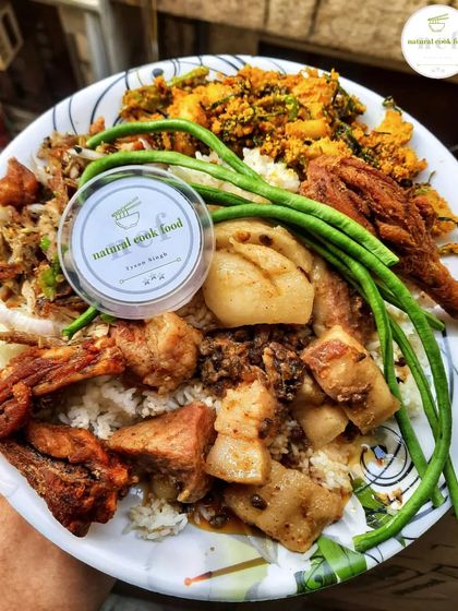A feast on a plate. This meal includes pork with fermented soybeans, chicken spicy salad, fish roe stir fry, and fried chicken, showcasing a variety of my recipes.