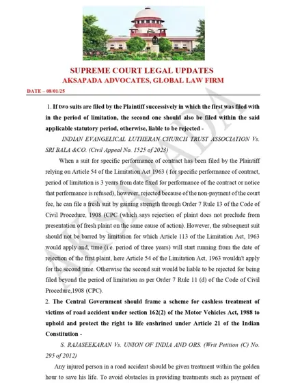 I believe in staying ahead of legal developments. This is a sample of the legal updates my firm, Aksapada Advocates, prepares, covering crucial judgments from the Supreme Court on topics like contract law and the Motor Vehicles Act to better serve our clients.
