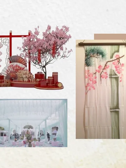More visual inspiration for 'Whispers of the Orient', focusing on the structural elements like the draped ceiling and the delicate beauty of painted scrolls and cherry blossom branches.