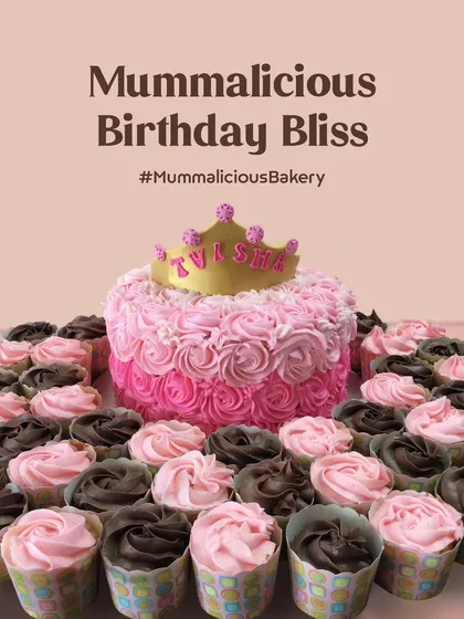 Birthday bliss in pink and chocolate. This beautiful rosette cake is surrounded by a ring of matching pink and chocolate cupcakes, creating a perfect party centerpiece.