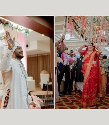 A diptych showing the bride and groom's separate entrances. It captures the anticipation and excitement as they both make their way to the wedding ceremony.