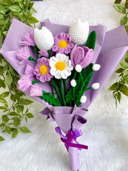 A full view of the special bouquet I made for my sister. The shades of purple and white look so lovely together, all wrapped up with a purple ribbon.