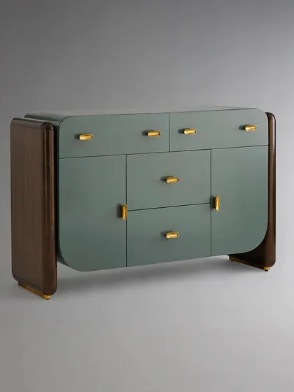 A slightly angled view of our sleekly curved buffet, highlighting the rich medium brown finish of the wooden sides and the burnished brass plinths.
