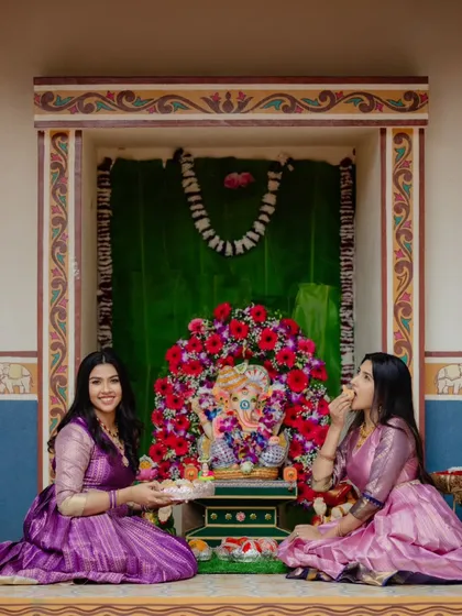 It was so much fun creating these coordinating festive outfits. Using two sarees in the same family, I designed these matching gowns for a Ganesha festival celebration, each with its own unique color.