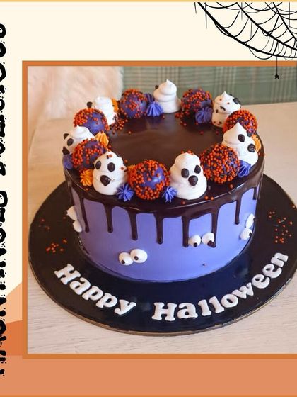 A "Hauntingly Delicious" purple Halloween cake with chocolate drip, ghost cake pops, and spooky eyes peeking out.