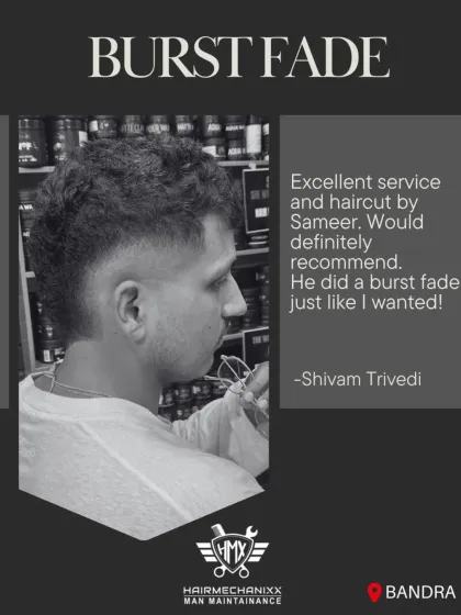 The Burst Fade, done just right. This style radiates from the ear in a semicircle, creating a bold and dynamic look. As you can see from our client's review, we nail the specifics every time.