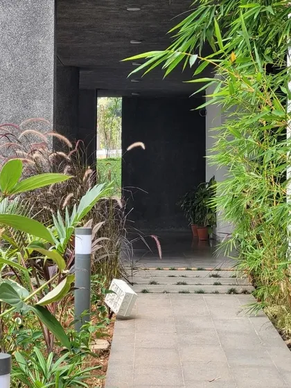 A carefully designed pathway leads through a narrow space in this industrial complex. Lined with bamboo on one side and a mix of grasses and shrubs on the other, it creates a pleasant, green corridor for employees.