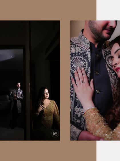 A creative diptych that plays with light and shadow, showing a dramatic reveal and a tender embrace, adding a touch of mystery and fine art to their engagement photos.
