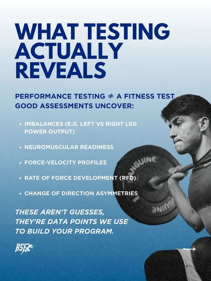 A performance test is not a simple fitness test. Our assessments are designed to uncover critical details like left vs. right leg power imbalances, neuromuscular readiness, force-velocity profiles, and rate of force development (RFD). These are the data points that allow us to build a program that truly addresses your needs.