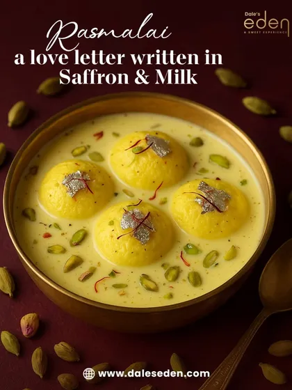 This is my Rasmalai, a true love letter written in saffron and milk. I make it with soft, milky, and tender cottage cheese patties, soaked in a rich, creamy milk base and garnished with real silver leaf.