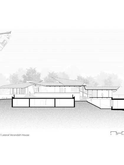 A cross-section of the Lateral Verandah House, illustrating how the structure is split into two levels to adapt to the sloping terrain. The drawing shows the relationship between the communal upper level and the private lower level.