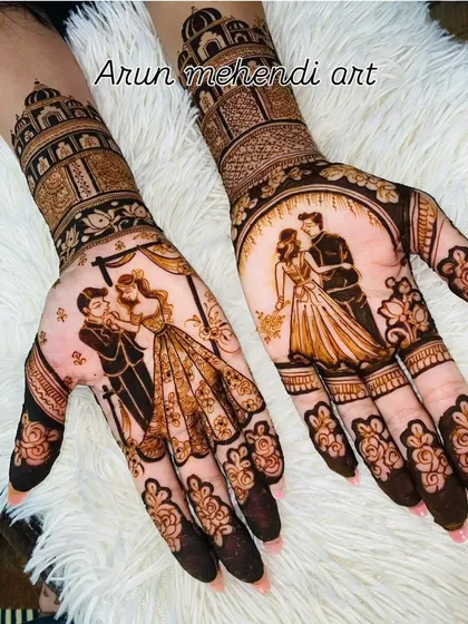 While I love traditional Indian art, I can also create modern, western-style couple portraits. This design captures a romantic dance moment, showing how versatile your bridal henna can be.