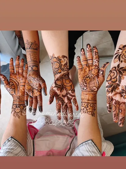 A mehndi party is all about shared joy. Here’s a look at a group booking where I created different yet complementary designs for the bride's family and friends. My team and I can handle large groups, ensuring everyone gets a beautiful pattern they love.