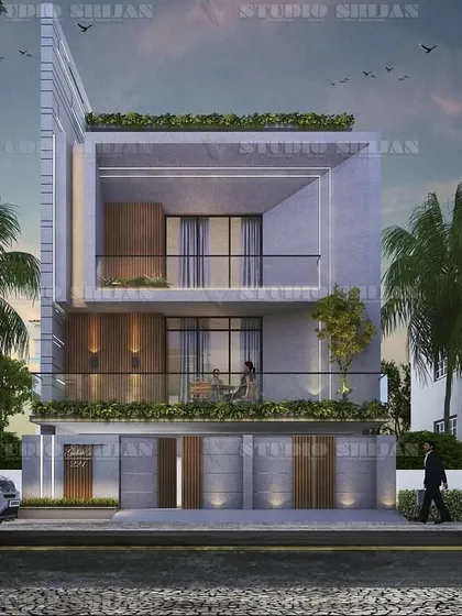 This is the 3D design for a modern home in Delhi, showcasing our vision for a bold, framed balcony and a mix of wood and concrete textures. We use these detailed renders to give clients complete clarity on the final outcome before construction begins.