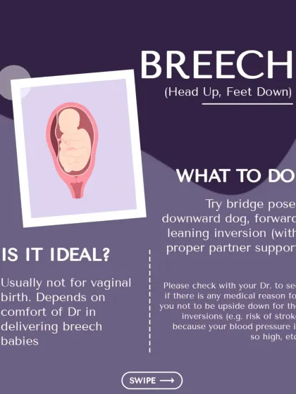 A breech position means the baby is head up. While some doctors are comfortable with a vaginal breech birth, we can try gentle inversions like bridge pose and downward dog to encourage the baby to turn.