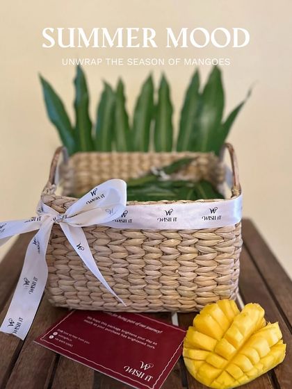 Unwrapping the season of mangoes. Our "Mango Muse Crate" is a celebration of summer, presented in a beautiful woven basket.