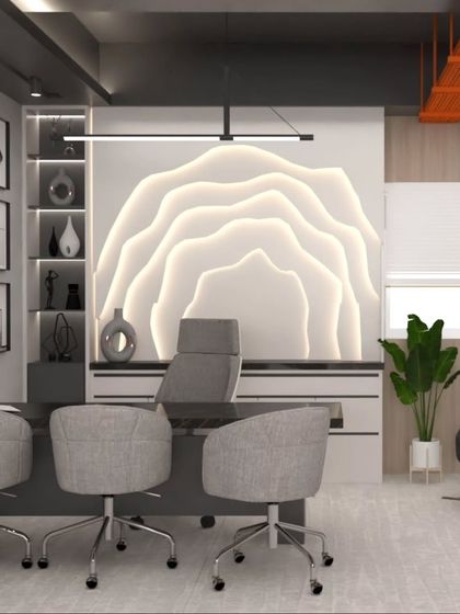 This office design for a boss cabin features a striking parametric wall art piece, creating a dynamic and artistic focal point that complements the modern, functional furniture.