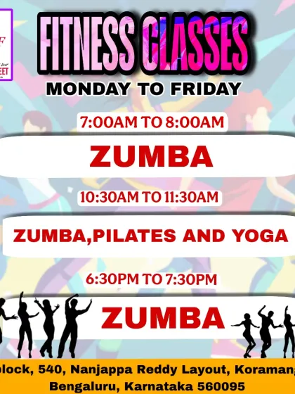 Here is our weekly class schedule. I offer a mix of morning and evening batches to fit your routine, including Zumba, Pilates, and Yoga. Find a time that works for you and come join the fun.