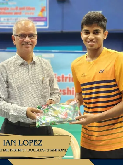 Ian Lopez, our Palghar District Doubles Champion, being honored for his achievement at the Thane District Championships.